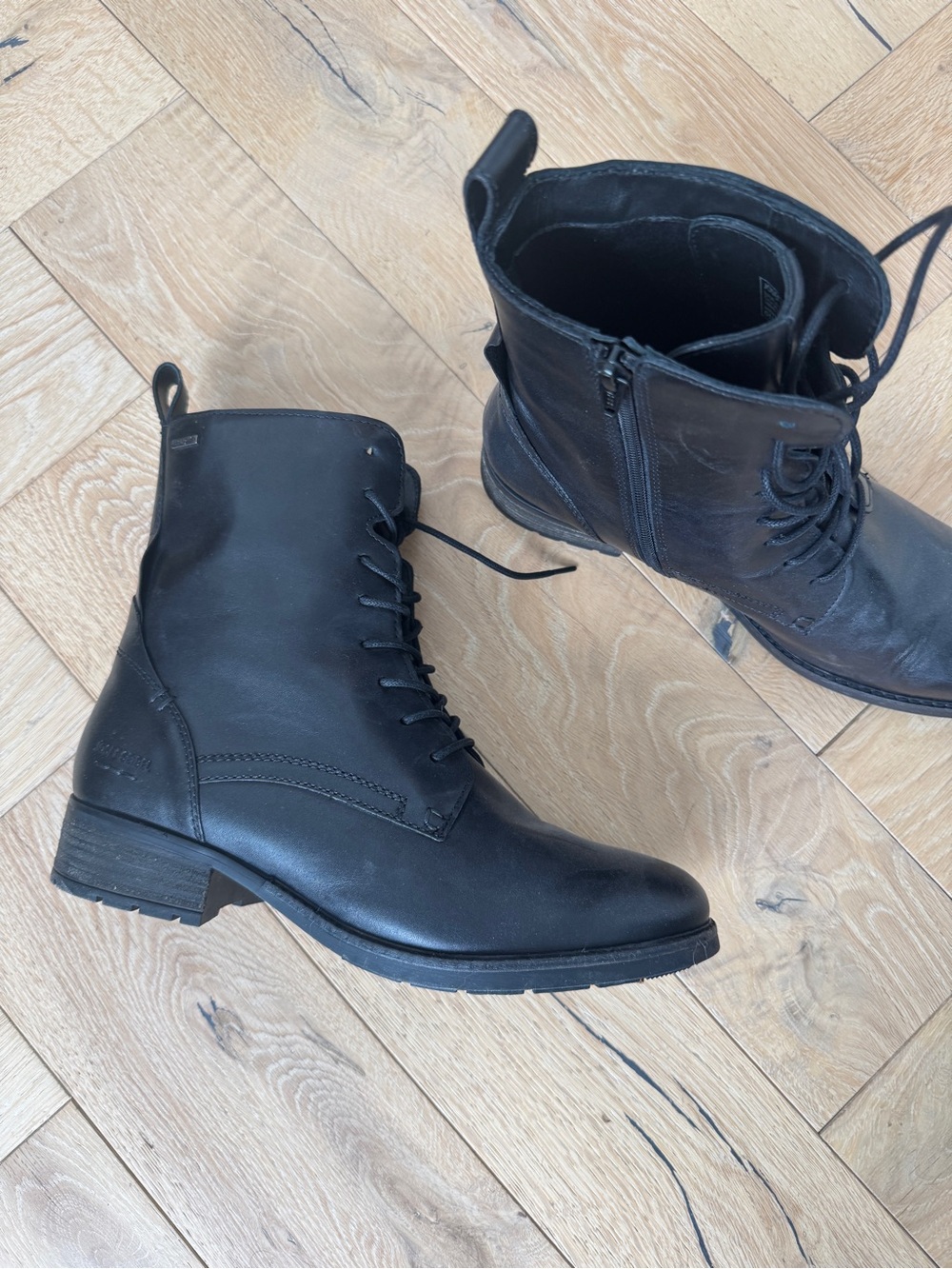 Josef Seibel Black Lace-Up Combat Boots with Side Zip